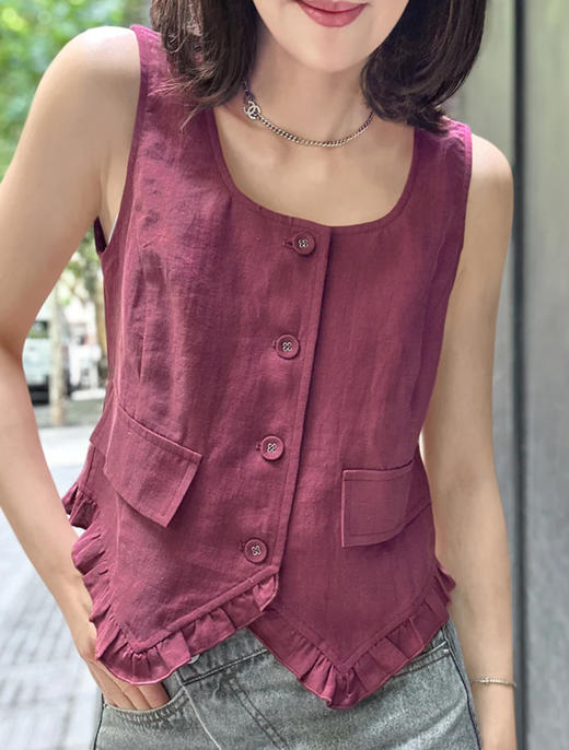 TYNVIE 方领修身马甲-酒红 商品图1