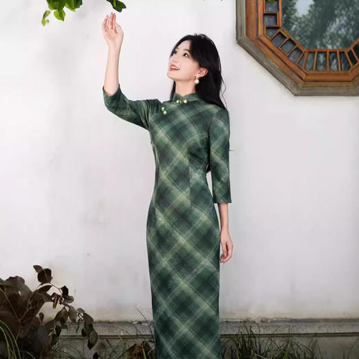 秋款格纹针织提花长款旗袍文艺复古SJT683 商品图2
