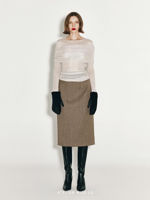 【低吟月光】抽褶一字肩设计弹力上衣 商品图0