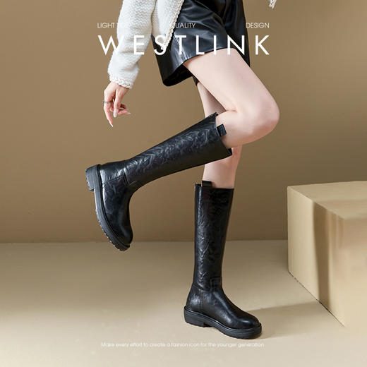西遇英伦风长筒靴女新款秋冬复古显瘦褶皱黑色长靴厚底骑士靴D3547519 商品图2