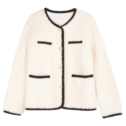 三彩女装2024冬季新款羊毛剪花肌理感皮草外套香风圆领宽松女M 商品图4