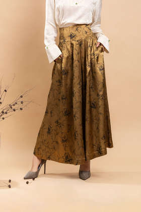 荷言GL 湖畔秋色 芍药印花新中式阔腿裤棕黄色