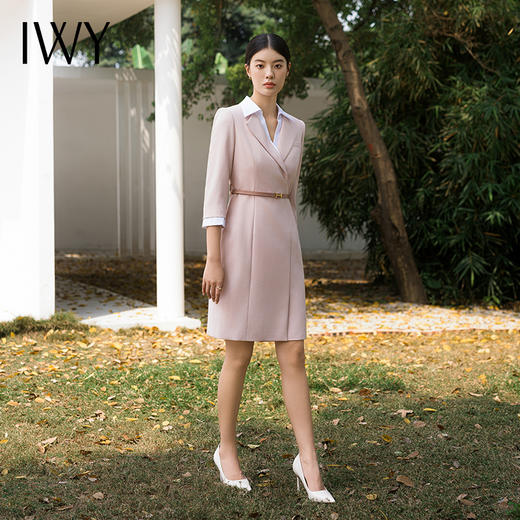 IWY/秋季粉色七分袖连衣裙气质时尚干练工作服小香风假两件职业装Q14233 商品图3