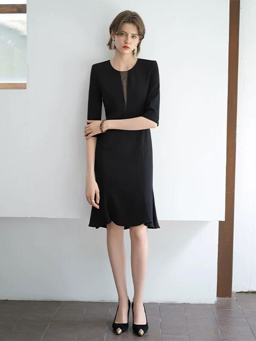 IWY/圆领知性七分袖鱼尾连衣裙高级感女新款法式气质修身黑色包臀裙 Q1053-B 商品图4