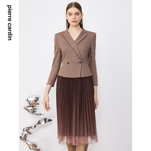 皮尔卡丹女装简约拼接修身百褶通勤假两件连衣裙P3333E3875K0
 商品图1