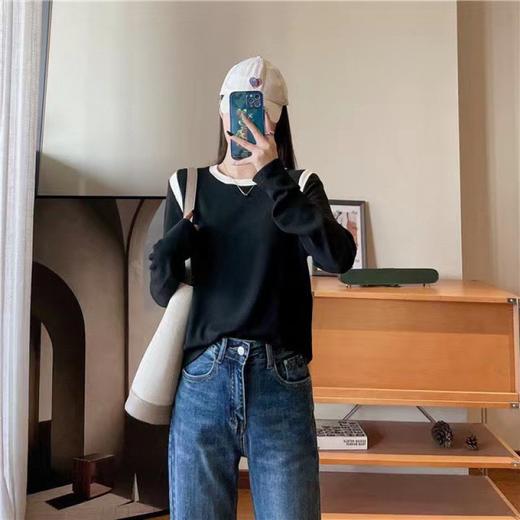 【新品拼接撞色打底衫】秋冬新款 小香风圆领百搭休闲T恤 外穿打底衫  商品图1