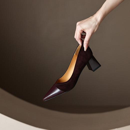 【预售5天】显瘦优雅拼接V口高跟鞋秋季新款尖头单鞋女粗跟工作鞋子ZF&ZF3391 商品图0