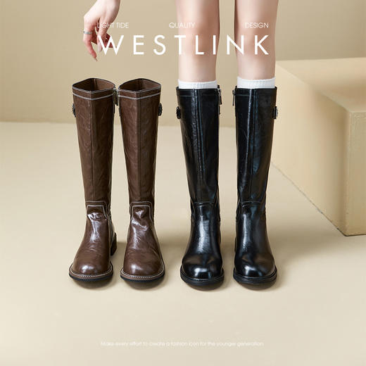 西遇长筒骑士靴女新款秋冬复古英伦风高筒靴棕色平底圆头长靴V3547550 商品图0