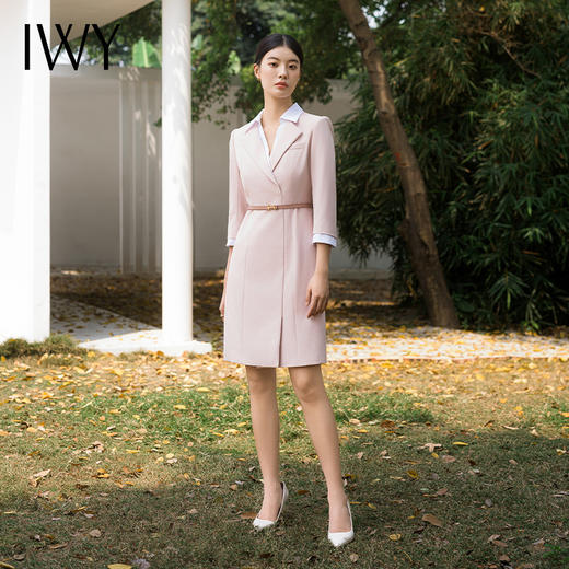 IWY/秋季粉色七分袖连衣裙气质时尚干练工作服小香风假两件职业装Q14233 商品图4