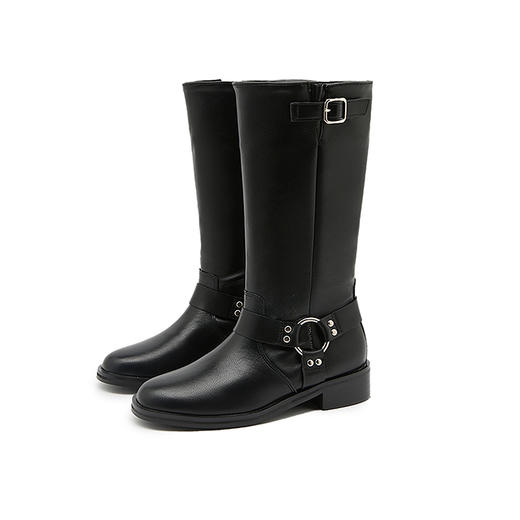 西遇黑色骑士靴女新款秋冬显瘦英伦风中筒机车靴圆头低跟长靴D3547520 商品图4