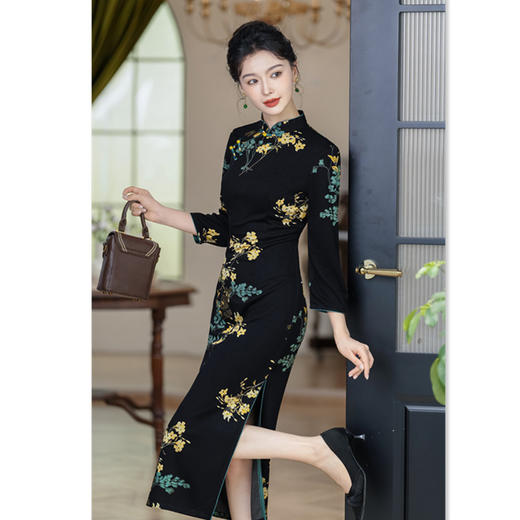 SKY 281926复古中国风长款七分袖弹力旗袍 商品图2