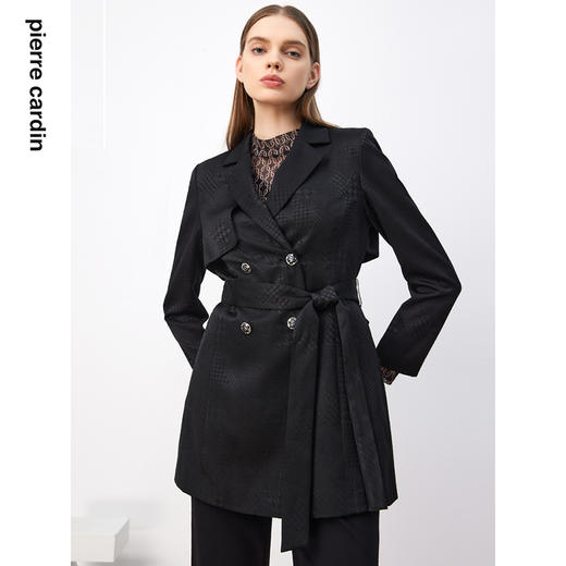 皮尔卡丹女装风衣黑色法式时尚短款系带收腰上衣外套P3331G3988B0
 商品图4