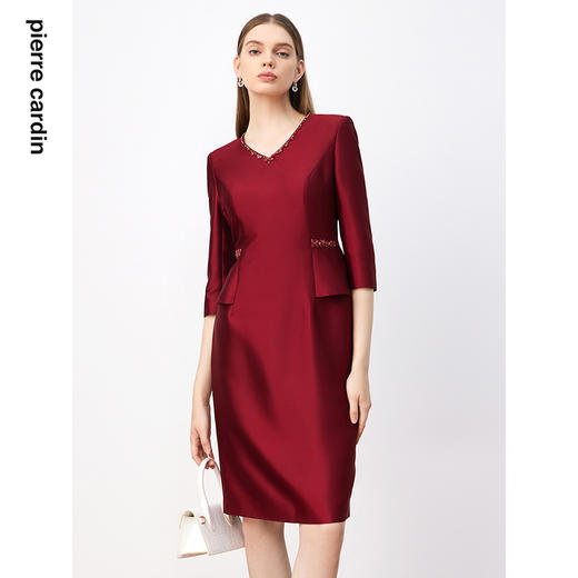 皮尔卡丹女装连衣裙酒红色缎面亮面醋酸气质高贵裙子P3308E3971R0 商品图2