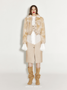 【奶油羊驼】复古口袋拼接仿皮草短外套