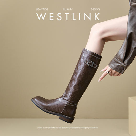 西遇长筒骑士靴女新款秋冬复古英伦风高筒靴棕色平底圆头长靴V3547550 商品图3