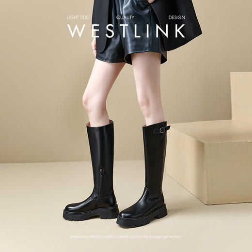 西遇英伦风骑士靴女新款秋冬圆头长筒靴不过膝厚底高筒长靴子D3547518 商品图3