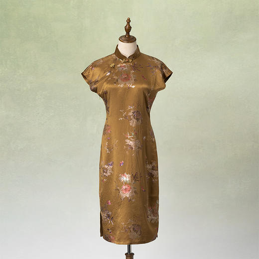 荷言GL 秋风渭水 棕黄色仿烧花印花古法旗袍 商品图0