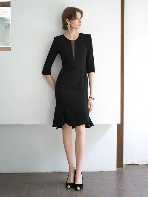 IWY/圆领知性七分袖鱼尾连衣裙高级感女新款法式气质修身黑色包臀裙 Q1053-B 商品图2