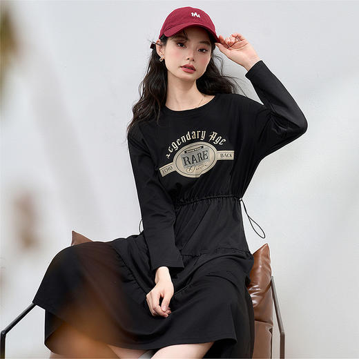 美式复古印花长袖连衣裙女秋季运动休闲抽绳收腰针织裙V3442281 商品图2