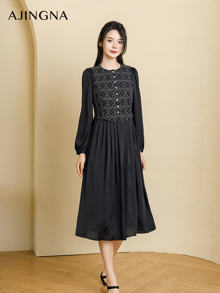 【踏青甄选价】阿菁娜秋季新款复古气质马甲假两件连衣裙A29Q112061