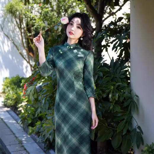 秋款格纹针织提花长款旗袍文艺复古SJT683 商品图1