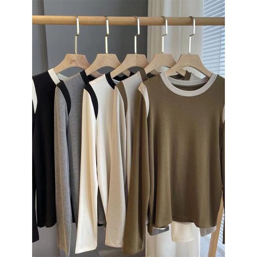 【新品拼接撞色打底衫】秋冬新款 小香风圆领百搭休闲T恤 外穿打底衫  商品图0