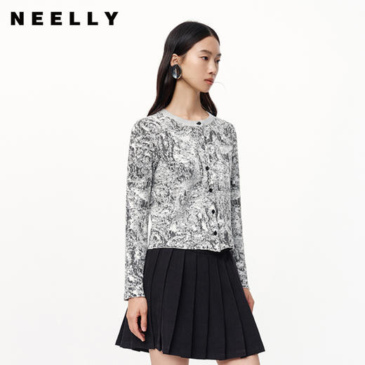 NEELLY纳俪2024秋商场同款设计感提花圆领针织开衫女新款修身上衣N24082A01101 商品图0