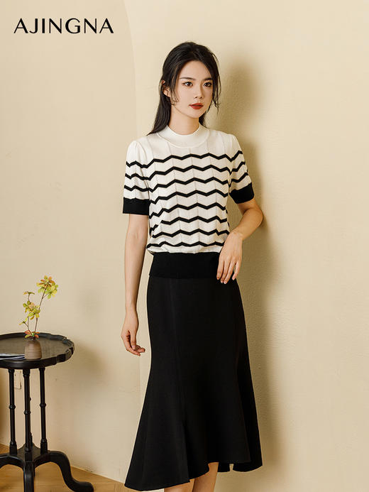 【商场同款】阿菁娜2024秋季新款半高领条纹短袖毛衫A29Q301019 商品图1