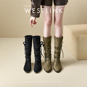 西遇西部牛仔靴女新款秋冬绑带长靴废土风沙漠平底尖头长筒靴V3547547