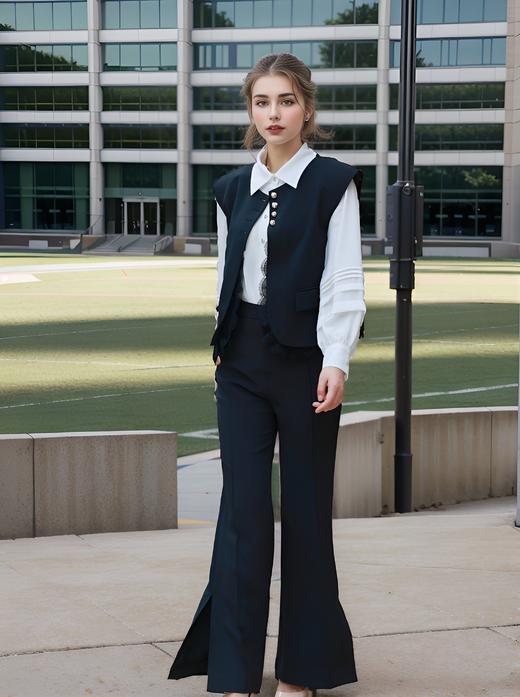 圆领门襟一排扣夹花边马甲 商品图1