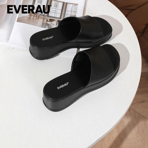 EVERAU时髦外穿 轻奢牛皮露趾 休闲厚底女拖鞋EA7037 商品图2