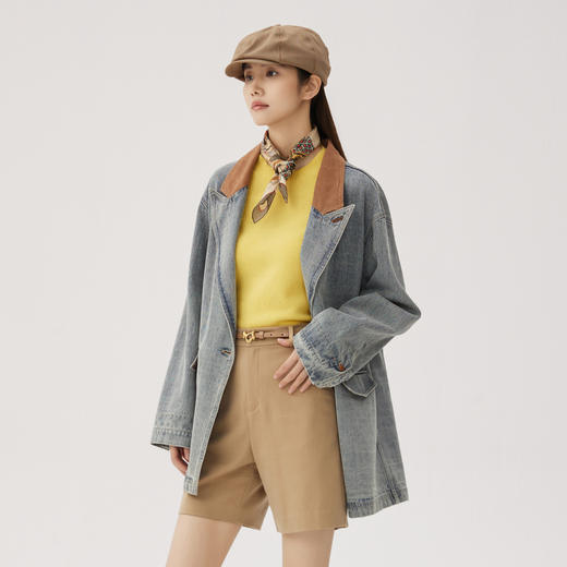 谜底牛仔西装外套女2024秋季新品复古风拼接中长款西服243MW1118 商品图1