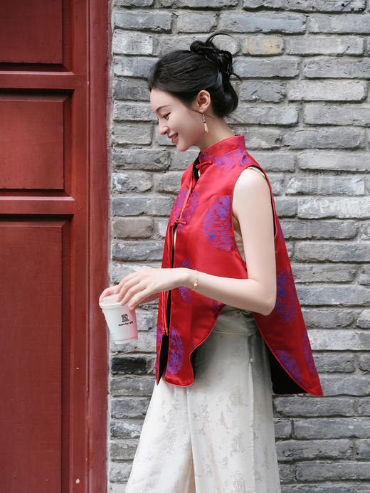 瑕疵|盛唐牡丹 |双龙团纹真丝花蕾缎马甲[特价品] 商品图2