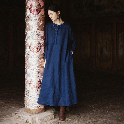 * 绽放641朵/高原多巴胺高支亚麻系带A摆宽松半开襟圆领长袖连衣裙 商品图1