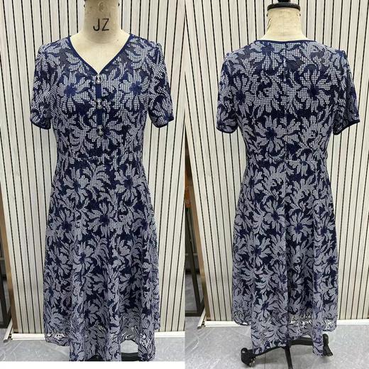 HJ1S69_帝释青色_短袖连衣裙_夏季_简约大方 V 领千鸟格蕾丝提花短袖收腰显瘦_高级女装_BERNIEELEN 伯妮斯茵 商品图0