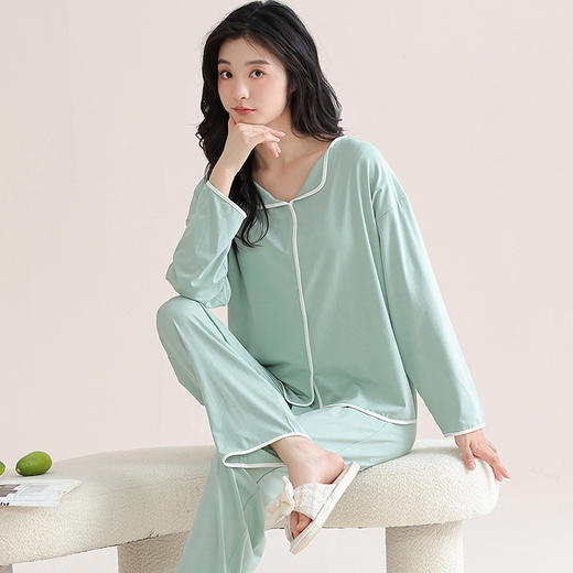 「数套可选！舒适家居」睡衣女夏秋冬莫代尔带胸垫长袖 可外穿大码空调房运动家居内衣服套装 商品图1
