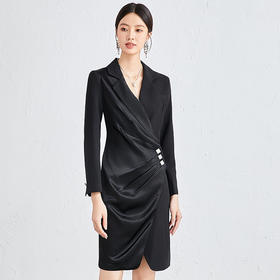 黑色长袖连衣裙职业正装主持人正式场合收腰显瘦前台工作西装裙