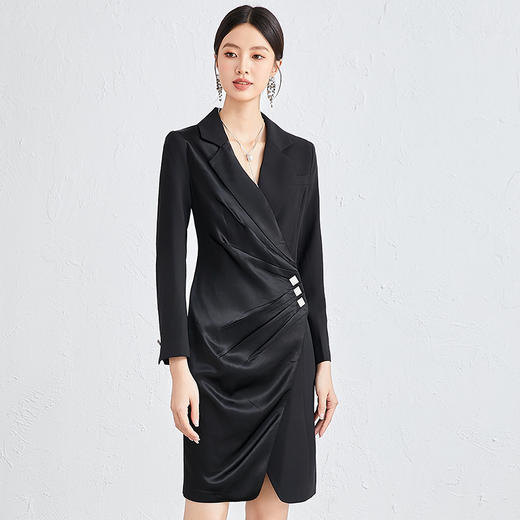 黑色长袖连衣裙职业正装主持人正式场合收腰显瘦前台工作西装裙 商品图0