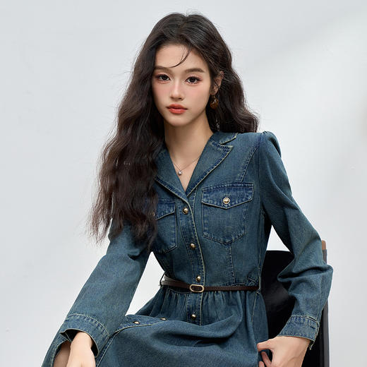 经典复古水洗牛仔连衣裙女早春翻领长袖连衣裙衬衫裙V3342394 商品图2