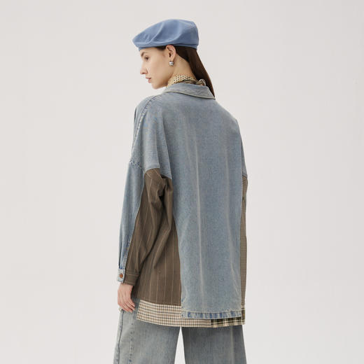 谜底衬衫式牛仔风衣女2024秋新品复古风拼接中长款外套243ME1141 商品图2