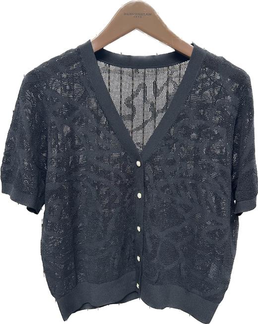 HJ2EA01_皓色 / 漆黑色_针织衫_春夏_复古提花镂空 V 领短袖单排扣显瘦通勤气质开衫_高级女装_BERNIEELEN 伯妮斯茵 商品图1