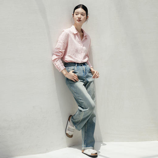 * 绽放642朵/秀场衬衫进口石磨洗亚麻可拆卸飘带翻领系带长袖衬衫 商品图3