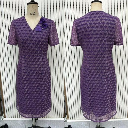 HJ1S86_齐紫色_连衣裙_春夏_复古V领立体花朵几何提花短袖收腰显瘦中长裙_高级女装_BERNIEELEN 伯妮斯茵 商品图0