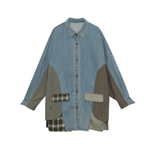 谜底衬衫式牛仔风衣女2024秋新品复古风拼接中长款外套243ME1141 商品图4
