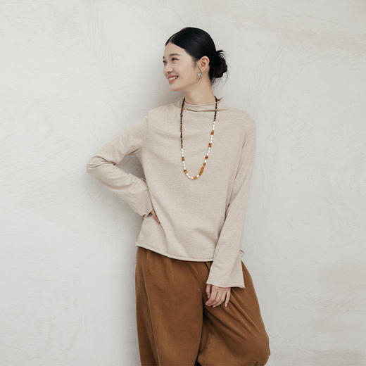 绽放842朵/二喜打底衫早秋微喇袖半高领显瘦宽松花纱纯棉长袖T恤 商品图1