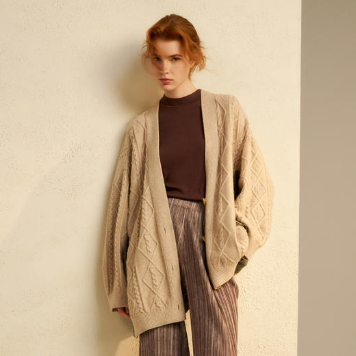 谜底针织开衫长袖女2024秋款慵懒风设计感拼接毛衣外套243MZ1289 商品图0