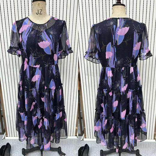 HJ1S85_水红色_连衣裙_夏季_圆领网纱透视荷叶边短袖花卉印花多层蛋糕大摆显瘦百搭中长裙_高级女装_BERNIEELEN 伯妮斯茵 商品图0