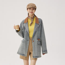 谜底牛仔西装外套女2024秋季新品复古风拼接中长款西服243MW1118