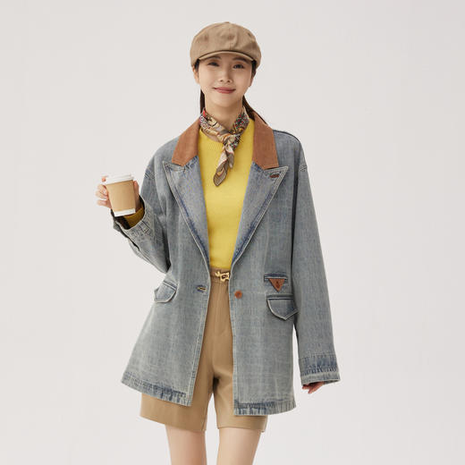 谜底牛仔西装外套女2024秋季新品复古风拼接中长款西服243MW1118 商品图0