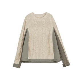 谜底套头针织衫长袖女2024秋季新品复古风拼接圆领毛衣243MZ1319